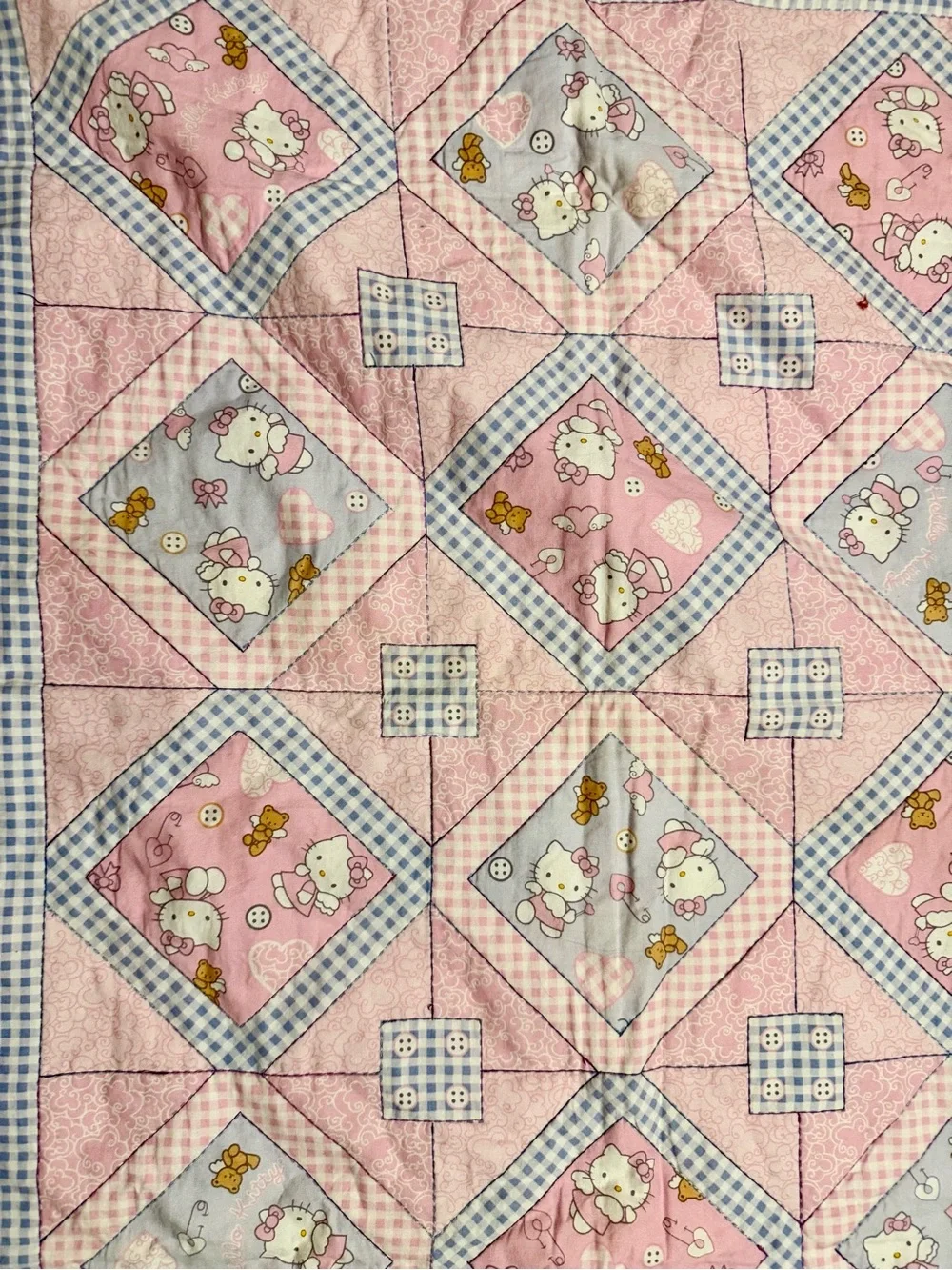 Vintage 2003 Hello Kitty Sanrio Handmade Baby Quilt Pink Y2K Blanket